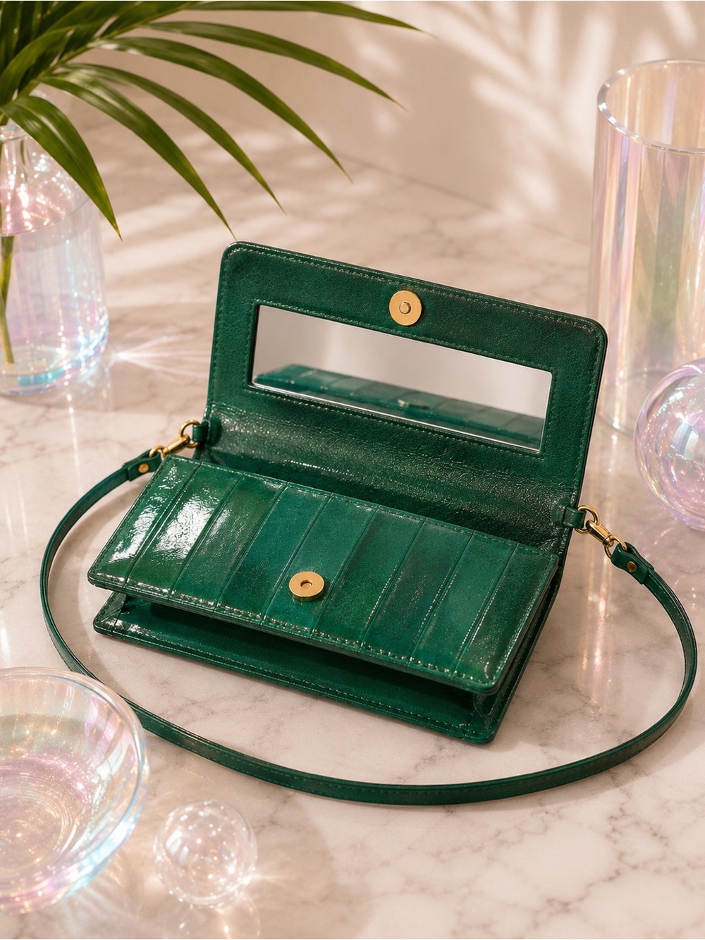 Emerald Green Eel Skin Crossbody Clutch w Mirror | Glossy Exotic Leather Bag